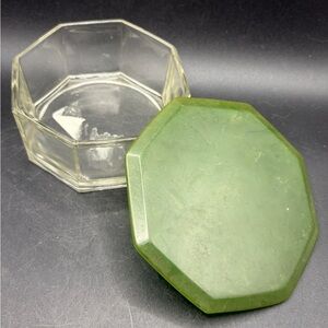 Agalin Vintage Art Deco Catalin Bakelite Glass Vanity Box Powder Jar, Green Lid